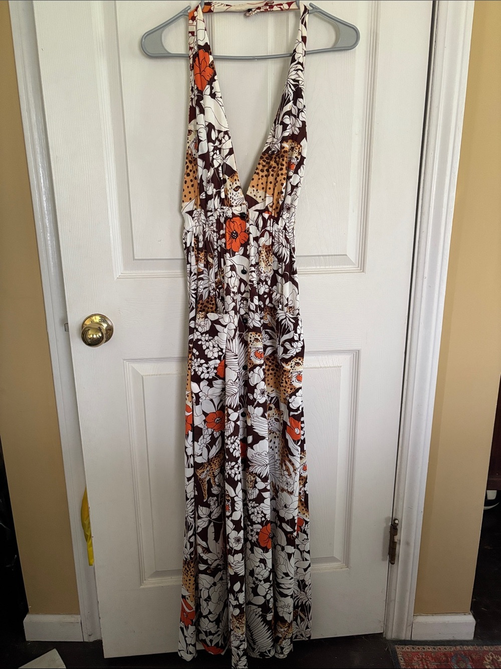 Vintage 70’s Floral Halter Maxi Dress in Orange, Brown & White